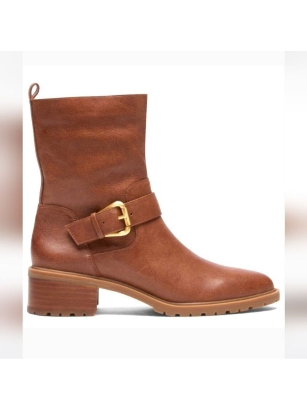 Sole Society Jorryn Cognac Brown Leather Block Heel Mid-Calf Boots, Size 8.5M